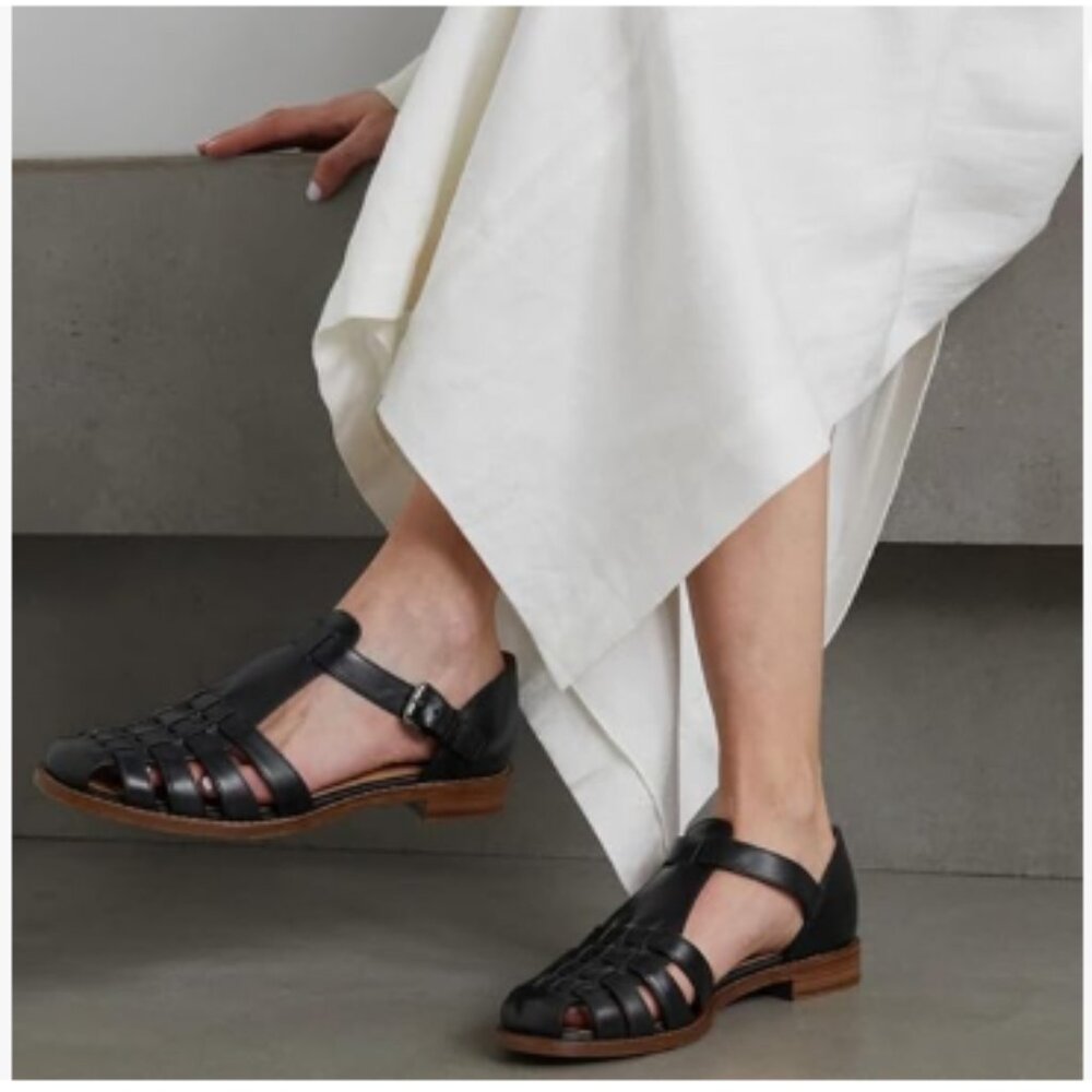 FSJ Black Woven Leather Fisherman Sandals with Brown Sole